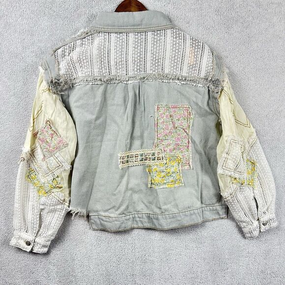 POL Patchwork Lace Denim Distressed Boho Jacket Chic Cottagecore Oversized Med - Picture 2 of 9
